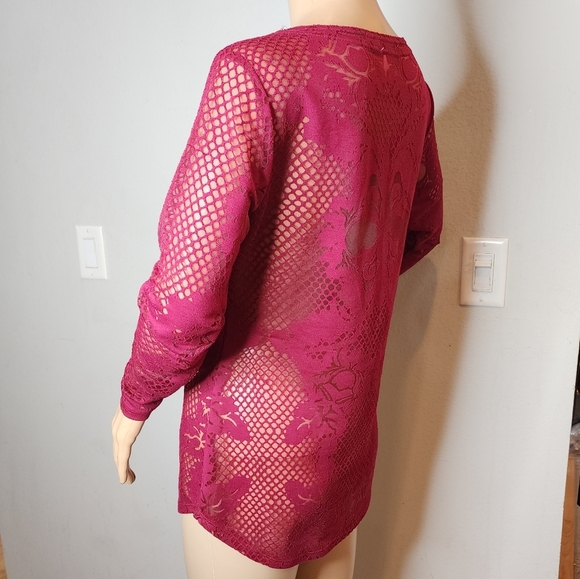 CACHE Burnout Sheer Maroon Long Sleeve Shirt Size Small - Picture 3 of 15